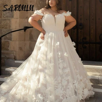 Плюс размер 3D флорални апликирани булчински рокли извън рамото булчинска рокля вестидос де нови причудлива тюл бална рокля сватбена рокля
