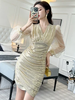 Нови дами лъскави златни пайети къси разтегливи рокли Дамско облекло Mujer Елегантна луксозна секси рокля с V-образно деколте Boycon Vestidos Fiesta