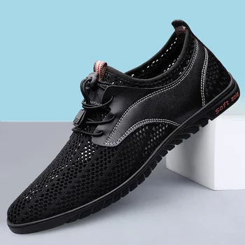 Нови летни дишащи мрежести обувки мъжки ежедневни обувки разходка маратонки ежедневно приплъзване на марката мода летни обувки мека подметка лек