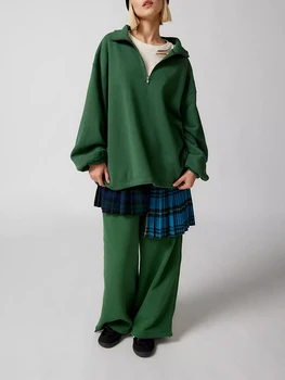 Дамски половин цип суитчър плътен цвят стойка яка дълъг ръкав пуловери случайни хлабав върховете ризи есен зима