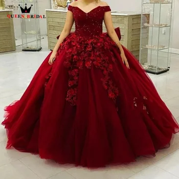 Бургундия Quinceanera рокля от рамото V-образно деколте пайети топка рокля цветя мъниста лък обратно сладък 16 vestidos de 15 años EM10