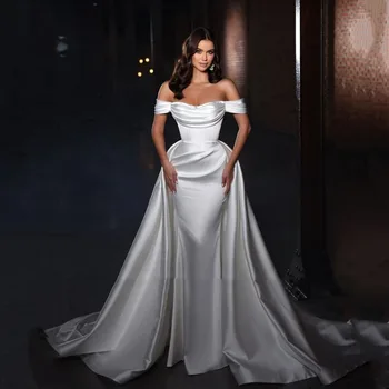 Msikoods русалка сатенени сватбени рокли 2023 с подвижен влак от рамото Страхотна арабска булчинска рокля Duabui
