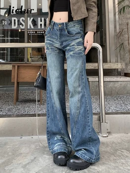 Jielur реколта измити американски стил секси дамски дънки тънък мода хлабав джобове офис дами пълна дължина шик широк крак панталони