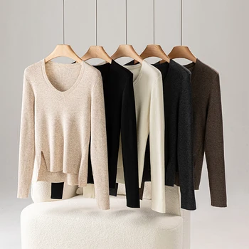 6% вълна дамски пуловер плета дълъг ръкав отгоре отворена страна топла есен зима дъно риза пуловери трикотаж издърпайте femme