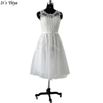 Това е Yiiya бели вечерни рокли мъниста тюл O-образно деколте без ръкави цип обратно A-линия чай дължина плюс размер жени парти рокля LX073
