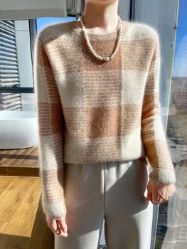 Нов шик жени кариран стил пуловер пуловер 100% мериносова вълна дебела мека топла есен зима кашмир трикотаж корейски популярни върхове