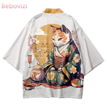 Японски аниме котка печат кимоно улично облекло реколта мъже жени жилетка Haori Harajuku традиционен плаж Юката плюс размер 5XL 6XL