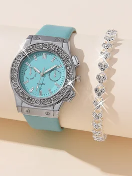 2pcs Луксозна мода жени часовник комплект цветни PU кожена каишка дами кварцов ръчен часовник сплав гривна за дами подарък
