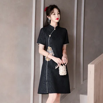 китайски стил подобрена бродирана дантела Cheongsam рокля за жени ретро стойка яка елегантен тънък парти бала мини рокля