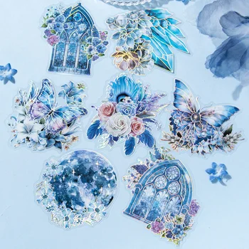20pcs Синя тема цветя стикери естетика декоративни направи си сам творчество скрапбукинг ръчно изработени боклуци дневник канцеларски материали