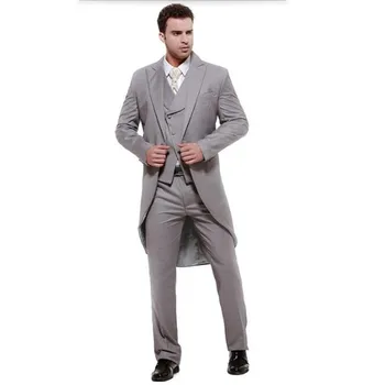 Мъжки костюми Сиво лястовиче палто Висококачествени мъжки костюми Мода Смокинг младоженец костюми Groomsman абитуриентски костюми (яке + жилетка + панталони)