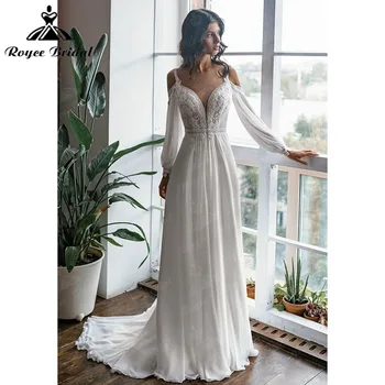 Boho V Neck Bohemia Lace Chiffon Beach Long Puff Sleeve Backless Wedding Dress Spaghetti Straps Illusion Vestido De Noiva 2022