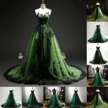 Зелена и черна дантела апликация тюл линия без презрамки пълна дължина вечерно парти официален повод абитуриентски рокля ръчно изработени по поръчка W2-15