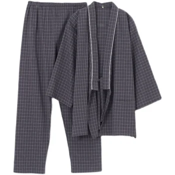 японски кимоно пижами мъже жени измити памук хлабав седем точки ръкави и панталони дома носят две части комплект тънък