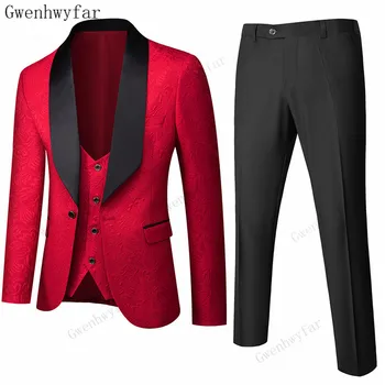 Gwenhwyfar червен жакард с черна сатенена яка смокинг 3 бр. Мъжки сватбени костюми младоженец Terno костюми за мъже (яке + жилетка + панталони)