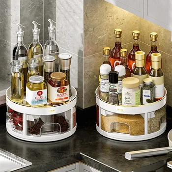 HOOKI Официална кухненска въртяща се кутия за подправки Двуслойна стойка за подправки Масло Солен сос Оцет Подправка Jar Rack Multigrai
