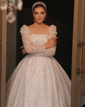 Луксозни мъниста пайети сватбена рокля квадратна яка дантела нагоре A-линия дълги ръкави топка етаж дължина по поръчка булчински рокли